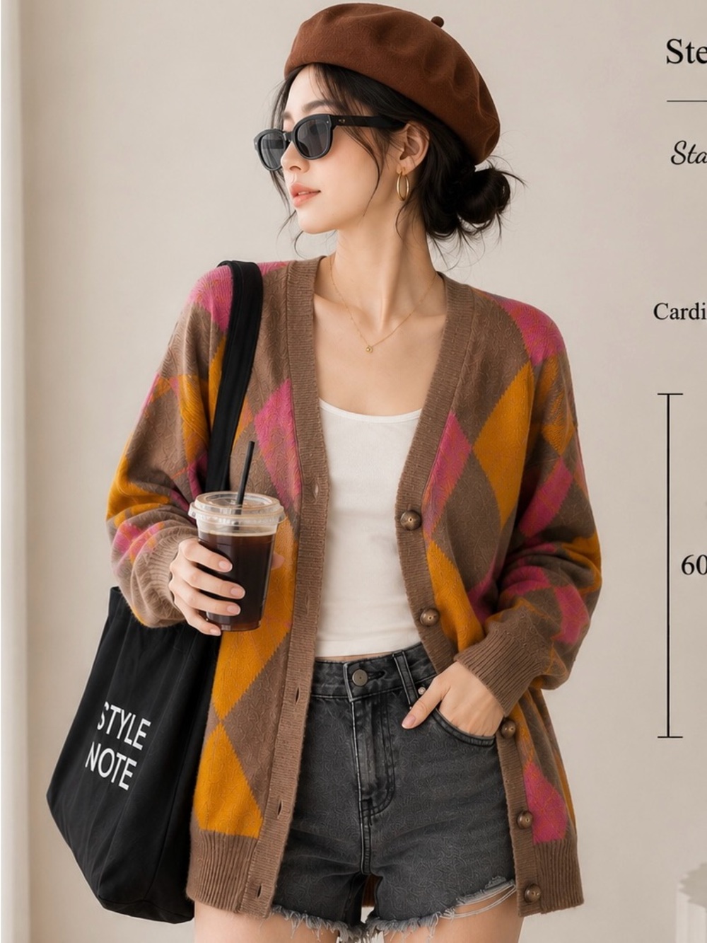 Brown Argyle Button-Front Cardigan Sweater with Pink & Mustard Accents